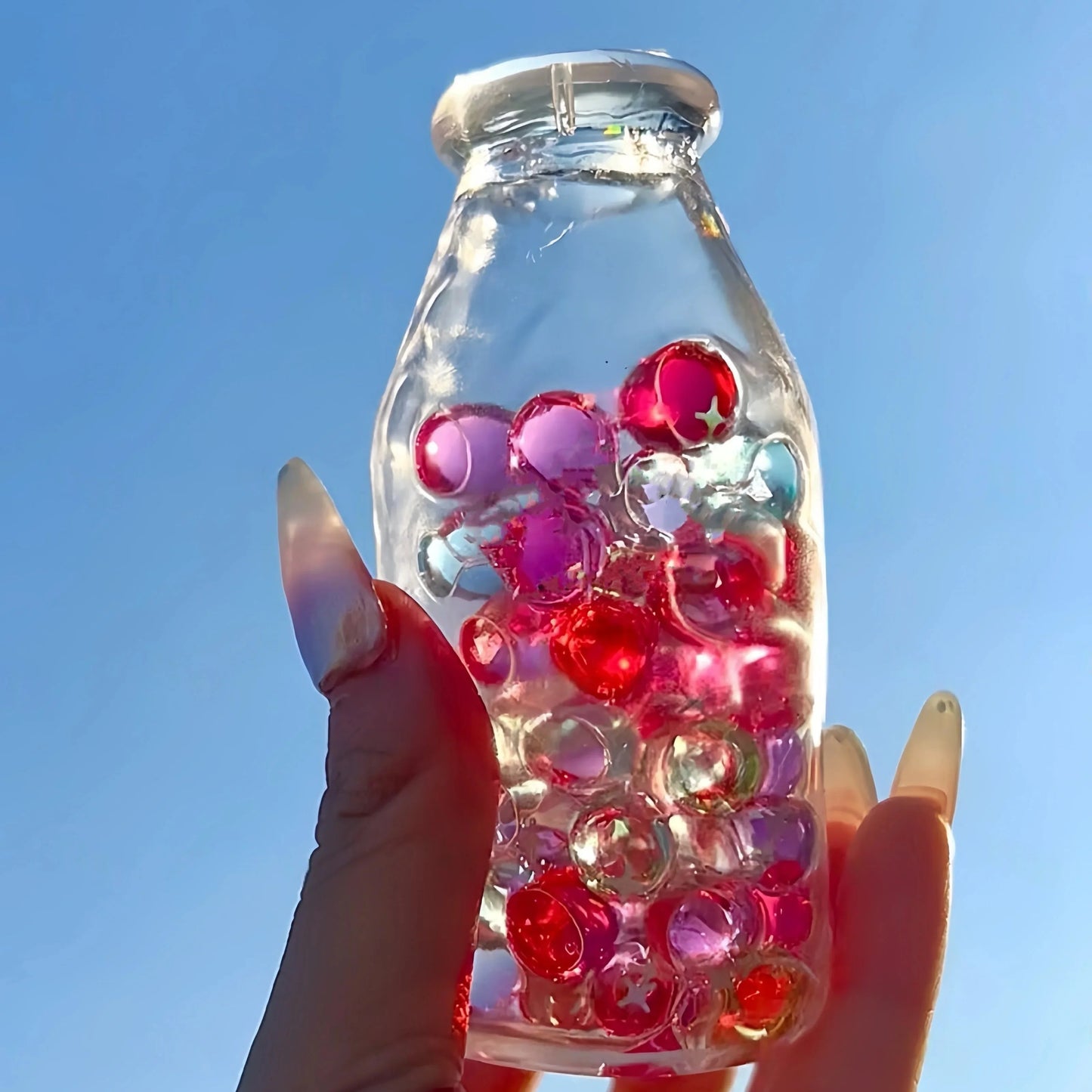 DumplingSquishys Bottle Pop Squishy – Clear Bead Bottle Stress Relief Toy – Colorful Candy Crystal Bottle