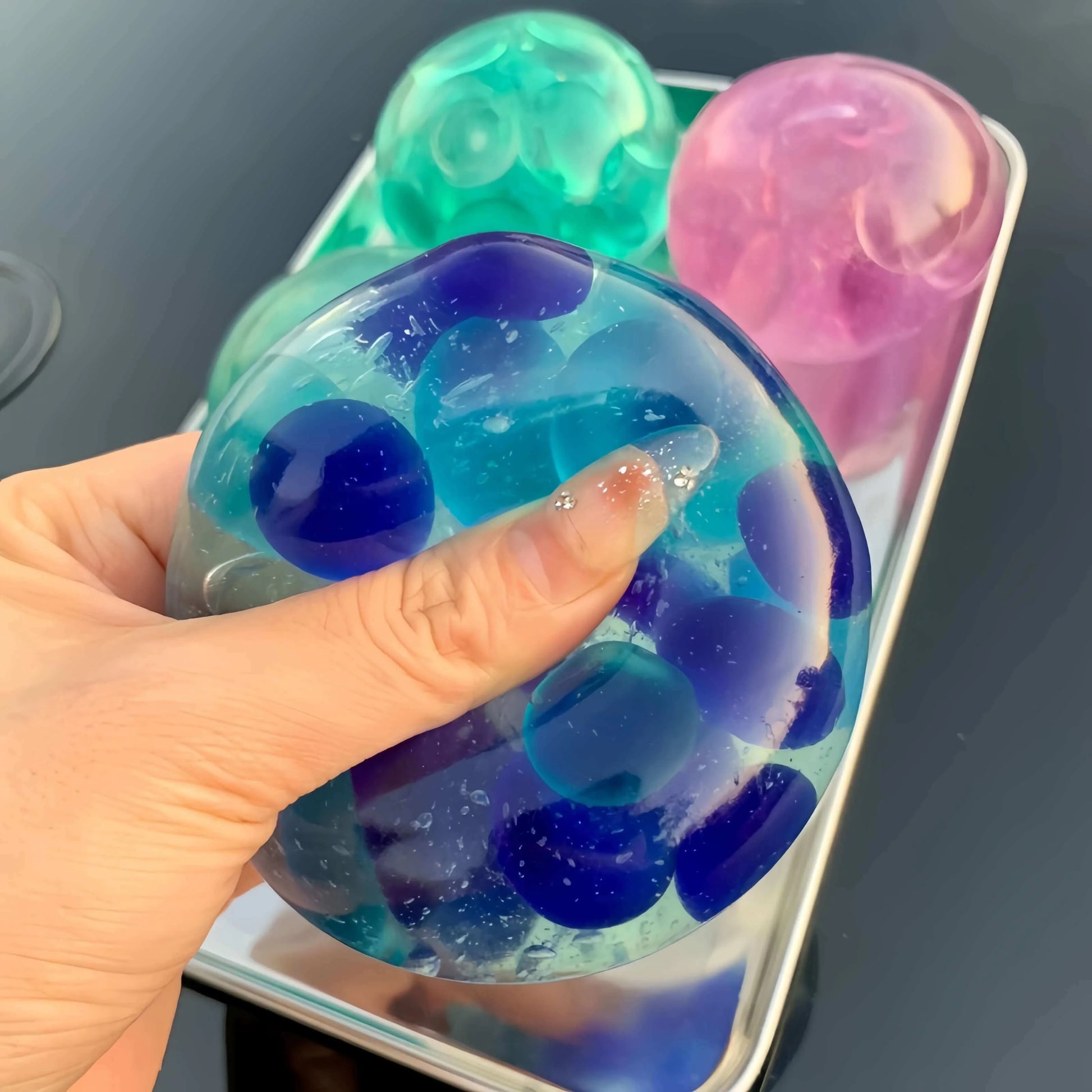 DumplingSquishys Mochi Ball Squishy – Jelly Bubble Stress Relief Toy – sea blue
