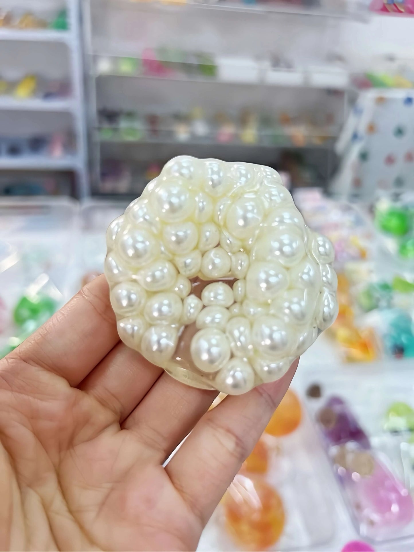 DumplingSquishys Gem Ball Squishy – Rainbow Bead Stress Relief Toy – White Pearl Ball