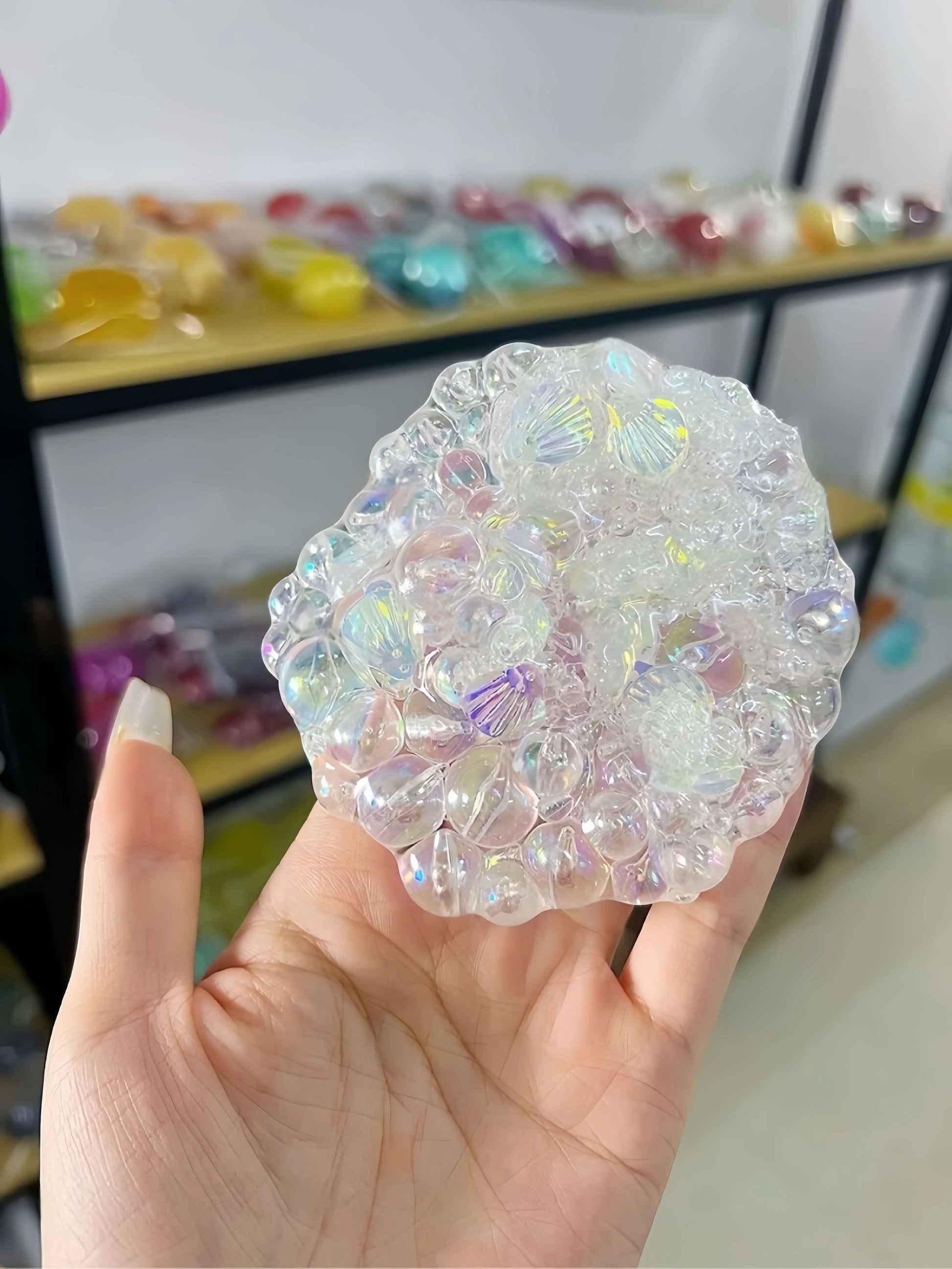 DumplingSquishys Gem Ball Squishy – Rainbow Bead Stress Relief Toy – Aurora Shell Bubbly Pearls