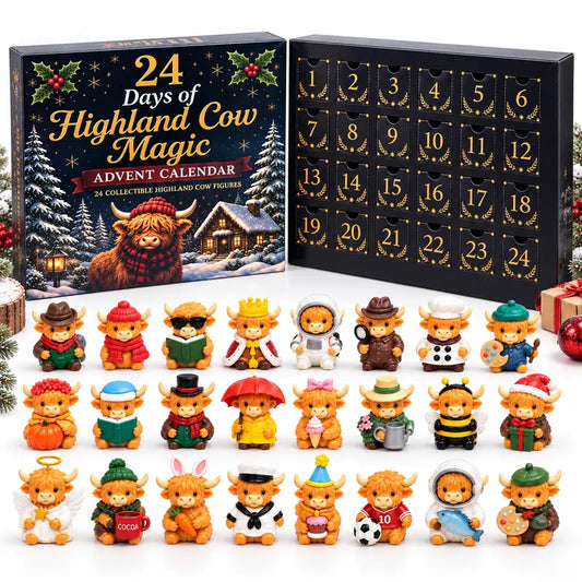 Highland Cow Advent Calendar 24-Day Christmas Countdown Box | Collectible Mini Figurines Gift for Cow Lovers & Kids